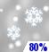 Today: Snow.  High near 34. South wind around 6 mph.  Chance of precipitation is 80%. Total daytime snow accumulation of less than a half inch possible. 